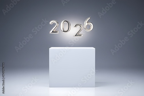 2026 glowing numbers on pedestal isolated on white background