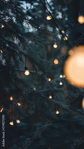 Warm glowing string lights moving gently on pine branches in dark forest with cinematic camera motion, cozy bokeh lights creating festive holiday atmosphere and peaceful winter evening mood