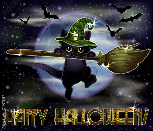Happy Halloween vip card, black cat and broom, vector illustration