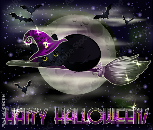 Happy Halloween vip card, black cat in a witchs hat and broom, vector illustration