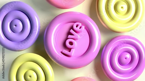 Seamless animation of rotating lollipops in pastel colors like pink, lavender, lemon yellow. 'LOVE' embossed at center in playful 3D font