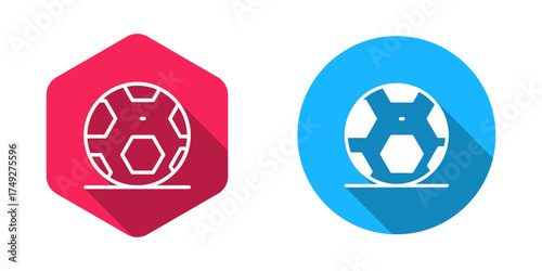 Filled and outline Soccer football ball icon isolated with long shadow background. Sport equipment. Vector