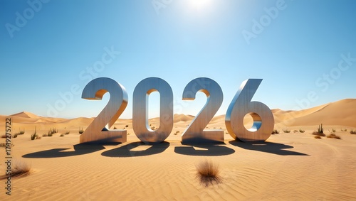 2026 number in desert with sunlight and sand dunes