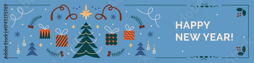 Happy New Year banner design. Festive winter greeting background, horizontal header with Christmas tree, star, gift box, ribbon, snowflake, ornament, Scandinavian pattern. Flat vector illustration