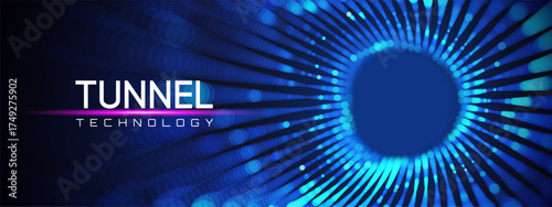 Tunnel abstract with quantum portal and code for matrix background. Science funnel and AI data for digital design. Wireframe grid and tech for future concept art.