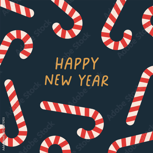 Happy New Year greeting post card design. Festive square postcard, Christmas and Newyear background with candy cane decoration, peppermint sweets frame in modern style. Flat vector illustration