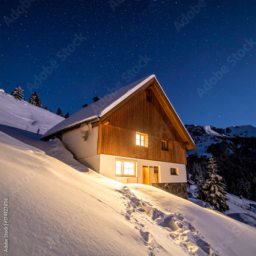 A cinematic medium shot of facade built into a snow-covered hillside