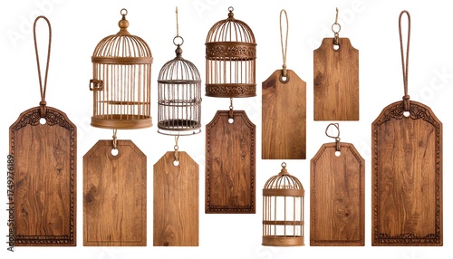 Wooden birdcages and tags on white background