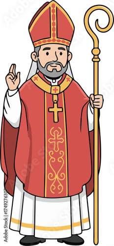 Simple Cartoon Pope Vector Illustration in Red and White Ceremonial Vestments with Gold Crosier – Flat Style Religious Leader