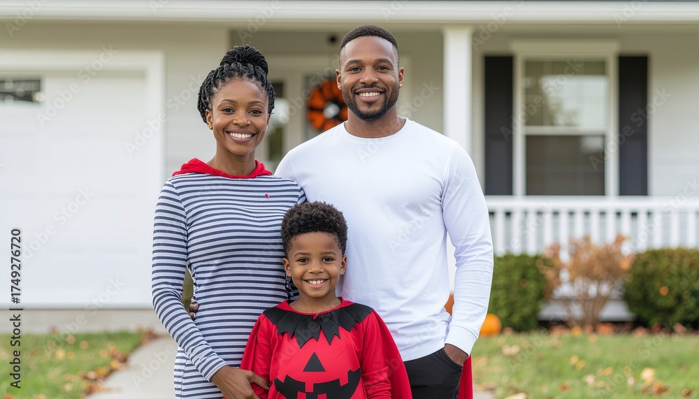 Fototapeta premium Smiling family posing outside their home