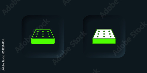 Green Mattress icon isolated on black background. Padded comfortable sleeping bed mattress. Black square button. Vector
