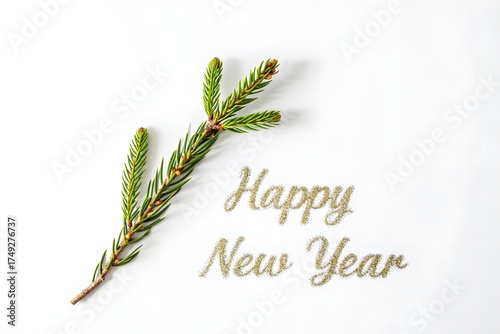 Green pine branch with happy new year text isolated on white background