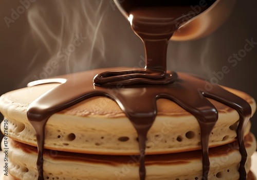 Indulgent chocolate cascade over fluffy pancakes, a sweet morning start
