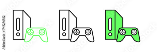 Set line Video game console with joystick icon isolated on white background. Vector