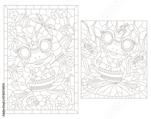 A set of contour illustrations with cute frogs, isolated animals on a white background