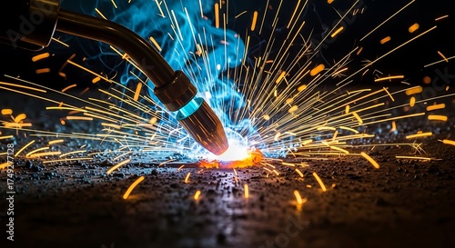 Intense welding process close-up showcases bright sparks and blue haze