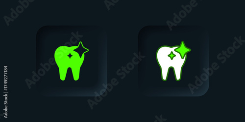 Green Tooth whitening concept icon isolated on black background. Tooth symbol for dentistry clinic or dentist medical center. Black square button. Vector