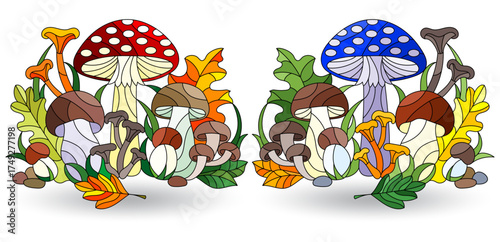 A set of stained glass illustrations with a mushroom composition, isolated on a white background