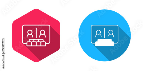 Filled and outline Video chat conference icon isolated with long shadow background. Online meeting work form home. Remote project management. Vector
