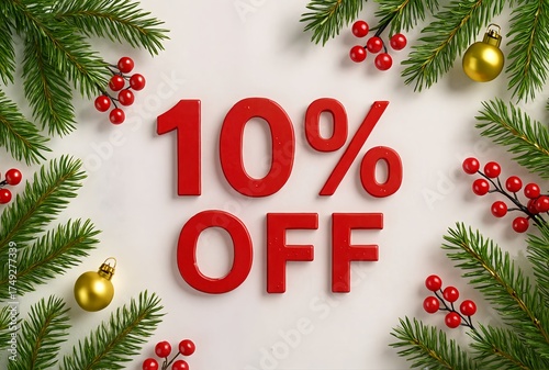 Red discount sign with Christmas decorations and pine branches  