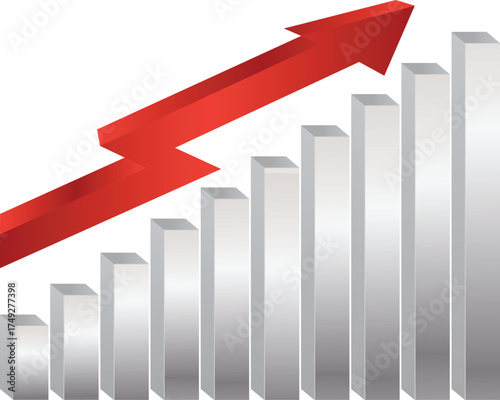 Rising bar graph with upward trending red arrow showing growth and success metrics