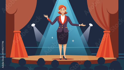 A woman stands on a stage in front of a curtain. She is smiling and holding a microphone. The stage is lit up and there are several people in the background. Scene is cheerful and lively