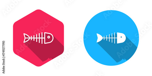 Filled and outline Fish skeleton icon isolated with long shadow background. Fish bone sign. Vector