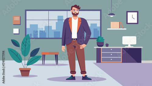 A man stands in a room with a potted plant and a clock on the wall. The room has a modern and professional feel to it