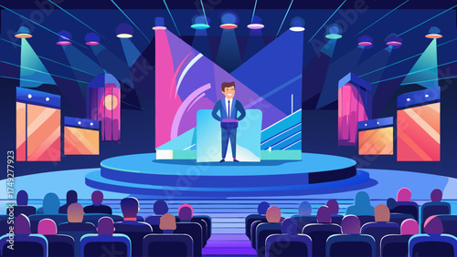 A man stands on a stage in front of a crowd of people. The stage is lit up with bright lights and the man is holding a microphone