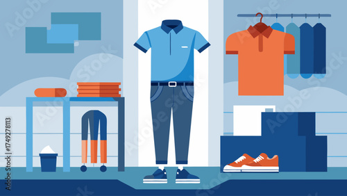 A man is standing in front of a rack of clothes. The clothes are neatly folded and arranged on hangers. The man is wearing a blue shirt and blue pants. Scene is calm and organized