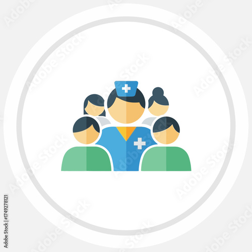 Clean flat design icon depicting a healthcare team, with a central medical professional surrounded by colleagues, symbolizing collaborative patient care, health services, and professional dedication