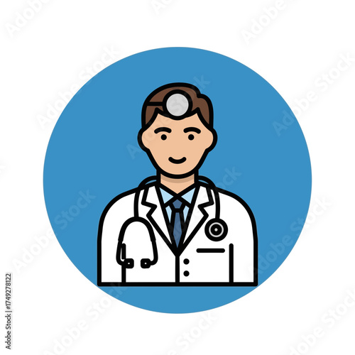 Professional male doctor avatar icon for medical and healthcare services, representing expert care, consultation, and health support in a clean, modern vector illustration