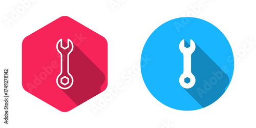 Filled and outline Wrench spanner icon isolated with long shadow background. Spanner repair tool. Service tool symbol. Vector