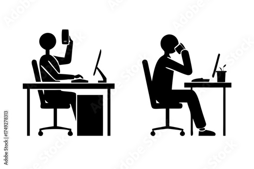 Stick figures of people working at desks