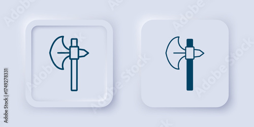 Filled and outline Medieval axe icon isolated on grey background. Battle axe, executioner axe. Medieval weapon. Square button. Vector