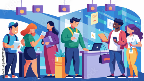 A group of people are standing in line at a counter. They are all looking at their phones