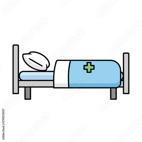 Simple vector graphic of a hospital bed, featuring a pillow and a blue blanket with a medical cross, representing patient care, rest, and general healthcare