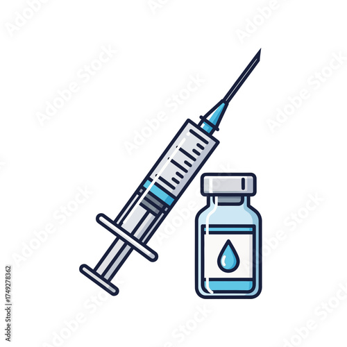 Detailed medical syringe and liquid-filled vial illustration, symbolizing vaccination, medication administration, and essential healthcare solutions for public well-being