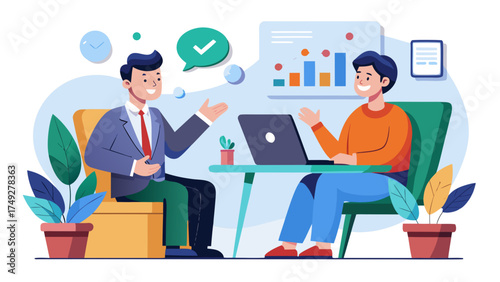 Two men are sitting at a table, one of them is talking to the other. The man on the left is wearing a suit and tie, while the man on the right is wearing an orange shirt