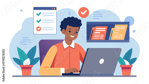 A man is sitting at a desk with a laptop and a potted plant. He is smiling and he is working on something. Concept of productivity and focus