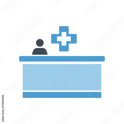 Vector illustration of a medical reception desk, complete with a staff member and a prominent blue cross symbol, representing healthcare administration, patient check-in, and hospital services