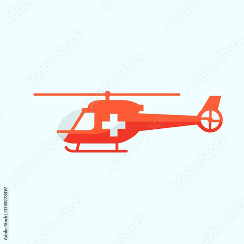 Red medical rescue helicopter vector with a white cross, representing urgent emergency services, aerial patient transport, and rapid life-saving aid