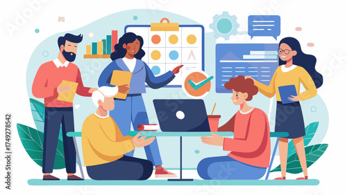 A group of people are working together in a meeting. They are sitting around a table with a laptop and a whiteboard. Scene is collaborative and focused