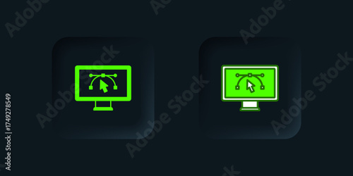 Green Computer display with vector design program icon isolated on isolated on black background. Photo editor software with user interface. Black square button. Vector