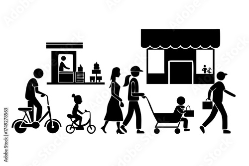 People walking and riding on the street with a stroller