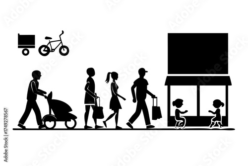 People walking along a street with a stroller and shopping bags