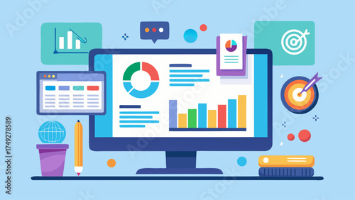 A computer monitor with a lot of graphs and charts on it. The monitor is on a desk with a pencil, a cup, and a book. Concept of data analysis and information visualization