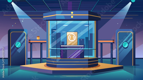 A futuristic building with a glass display case and a sign that says "Welcome". The building is illuminated by bright lights, giving it a futuristic and modern feel