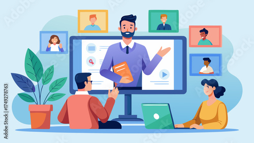 A man is giving a presentation on a computer screen in front of a group of people. The people are sitting at a table with a laptop and a potted plant in the background