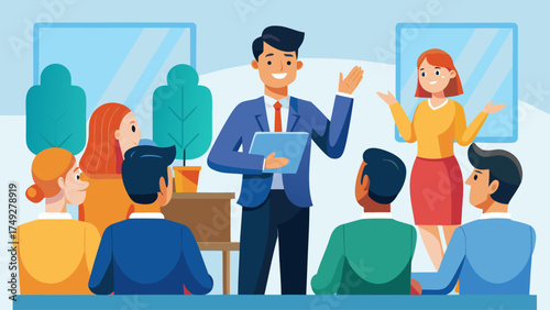 A man is giving a presentation to a group of people. The man is smiling and the people are attentive